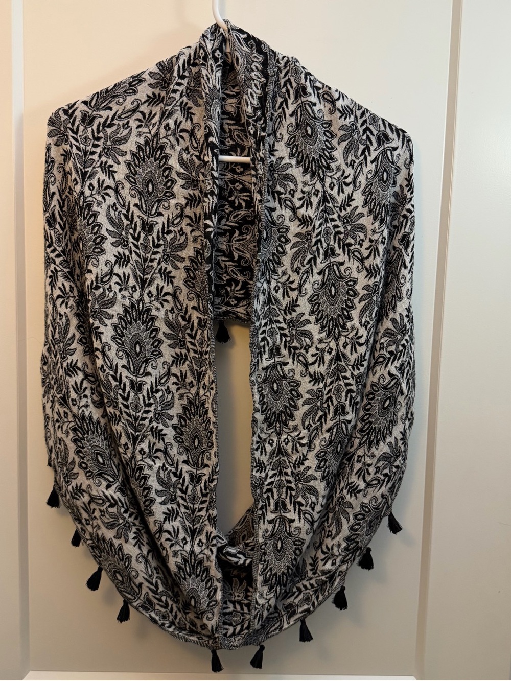 Black and White Floral Tassel Infinity Scarf
